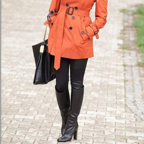 Rivet Studded Women Knee High Boots Black Leather Block Heel Round Toe Winter Ladies Shoes Custom Made Top Quality Slip On Boots