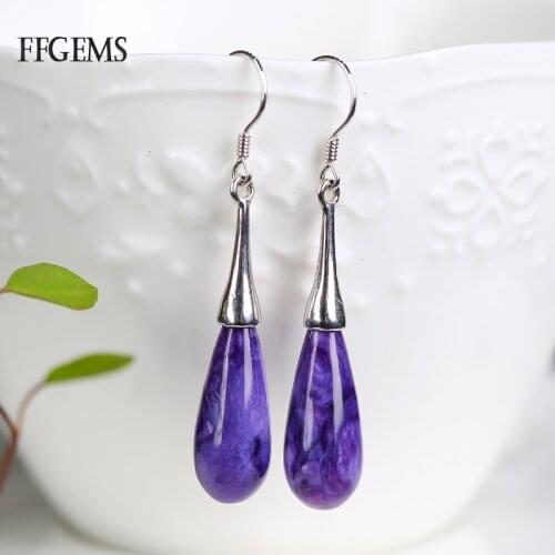 FFGems Natural Charoite Earring 925 Silver Sterling Gemstone Fine Jewelry For Women Lady Wedding Party Gift With Box