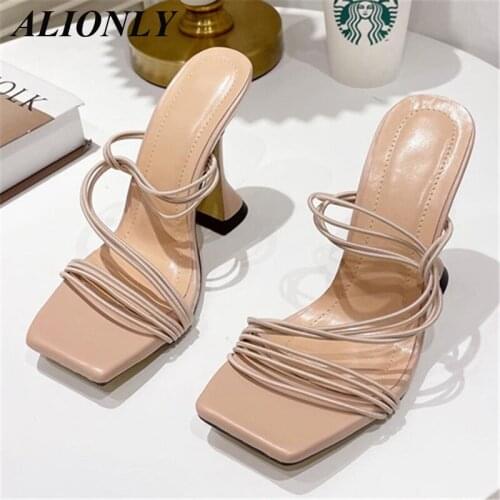 ALIONLY Narrow Band Slippers for Women 2021 Summer Mule High Heels Slippers Sandals Flip Flops Square Toe Slides Party Shoes