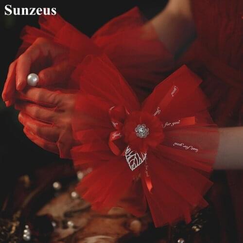 Red Tulle Gloves for Women Handmade Flowers Short Wedding Gloves with Finger Christmas Party Accessories guanti sposa