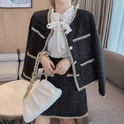 Autumn Korean Fashion 3 Piece Set 2021 Women Chiffon White Bow Blouse + Wool Tweed Jacket Coat + A-line Short Skirt Female Suits