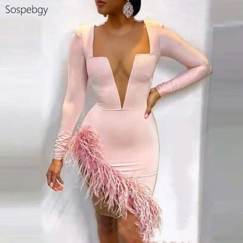 Womens Clothes Celebrity Bandage Dresses Sexy Full Sleeves Feather Mesh Pink Mini Dress 2020 Vintage Night Club Party Dress