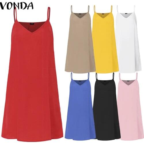 VONDA 2021 Short Dresses 7 Color Sexy Women Spaghetti Strap Bottom Vest Dress Solid Color Casual Underwear Dresses