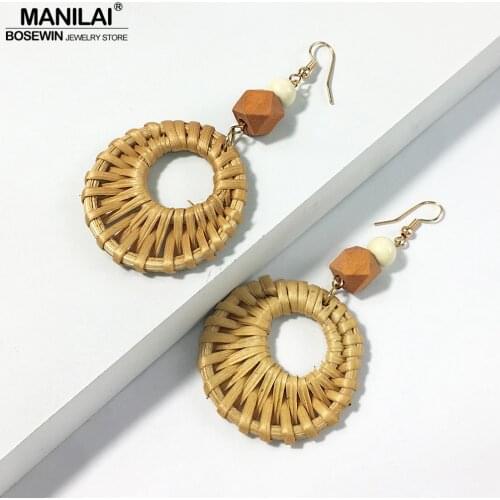 MANILAI Bohemian Rattan Knit Earrings For Women Handmade Wood Beads Big Dangle Earrings Statement Wooden Jewelry Female 2020