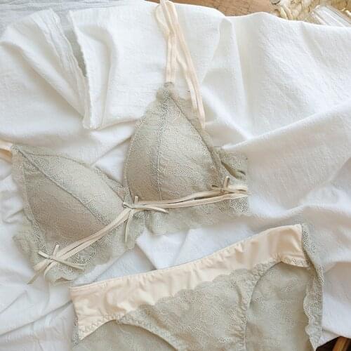 Wriufred Triangle cup bowknot underwear hollow lace no steel ring lingerie panty girl thin thin shoulder strap bra set
