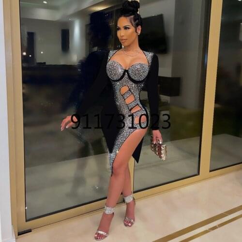 European and American Summer New Sexy Fashion Diamond Hollow Out ,Long-Sleeved Dress Nightclub wear