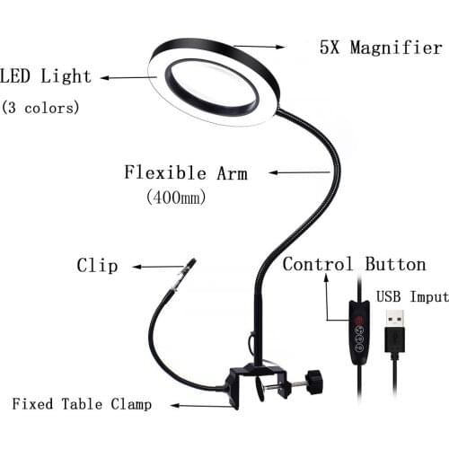 Flexible Table Clamp Illuminated Repairing Helping Magnifier Soldering Iron Holder 5X Desk Clip Magnifying Glass with LED Light