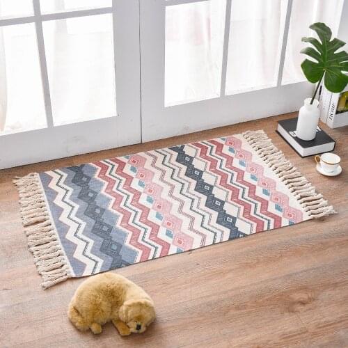 Hot Retro Bohemian Geometric Floor Mat Hand Woven Cotton Linen Carpet Tassel Rug Bedroom Tapestry Decorative Blanket Area Rug