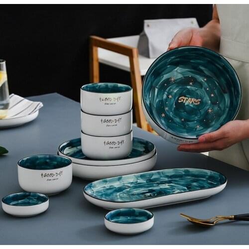 Green Stars Bone China Ceramic Gold Inlay Plate Steak Food Plate Nordic Style Tableware Bowl Ins Dinner Dish Dinnerware Set