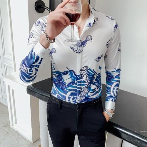 Flower 2020 Autumn Shirt A Gentle Wind Fish Printing Dress Shirt Men Luxury Ropa De Hombre Gold Mens Printed Casual Shirts