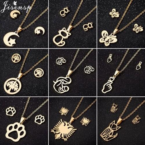 Multiple Stainless Steel Dog Paw Necklaces Women Gold Jewelry Sets Fashion Butterfly Cat Tree Necklace Earrings Animal Wholesale