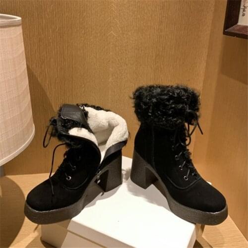 PXELENA Vintage Gothic Punk Rock Snow Boots Women Cow Suede Lambswool Thick Fur Plush Warm Winter Shoes Chunky Block High Heels