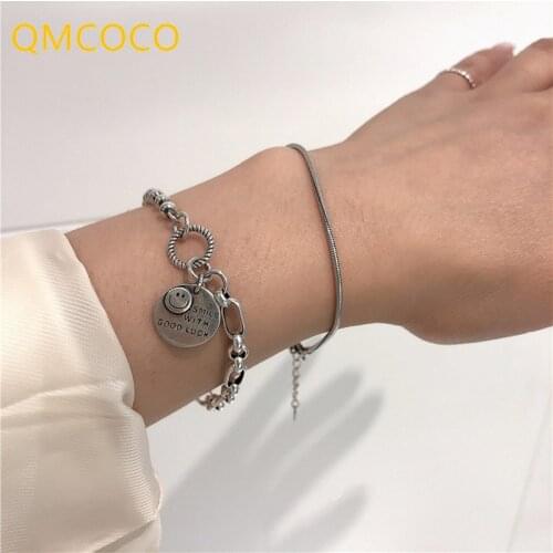 QMCOCO 925 Silver Smile Face Round Bead Bracelet For Women Girl Vintage Trendy Creative Punk Birthday Party Jewelry Accessories