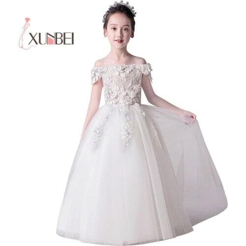 Luxury Ball Gown Off The Shoulder Beaded Applique Pink Flower Girl Dresses Tulle Kids First Communion Dress Party Gown