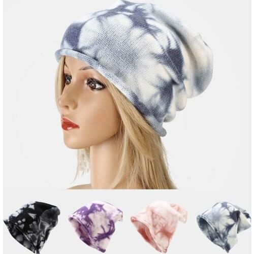 Women Winter Tie dye Beanies Cute Knitted Hat fashion black purple blue caps Unisex Outdoor windproof ear protection warm cap
