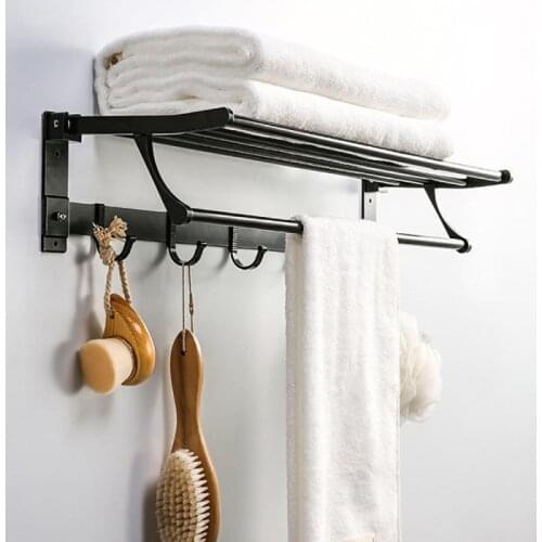 Towel Rack Matte Black Holder 40cm Aluminum Wall Mounted Folding Locker Organizer Shelf BathRoom Storage Shelf Hook Accessories