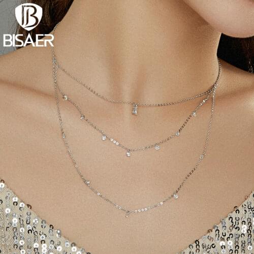 BISAER Three Layer Necklace 925 Sterling Silver Zircon Chain Link For Female Jewelry 45cm Adjustable Necklace ECN429