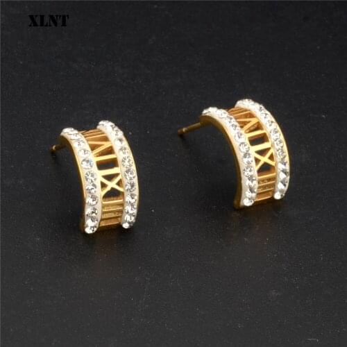 XLNT 316L Stainless Steel Earrings for Women Earings Roman Number Gold Stud Earrings Zirconia Fashion Jewelry Brincos Boucle
