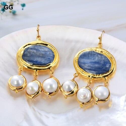 GuaiGuai Jewelry Natural Oval Blue Kyanites White Keshi Pearl Cold Color Plated Dangle Hook Earrings For Women
