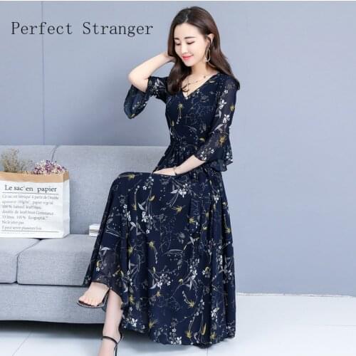 2021 Summer New Arrival Hot Sale Short Sleeve V Collar Flower Printed Women Chiffon Long Dress M-5XL