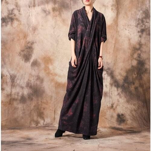 Women Loose V neck Retro Cross Dress Ladies Fashion Wrinkle Slim Dresses Female Patchwork Autumn Winter Dress 2021