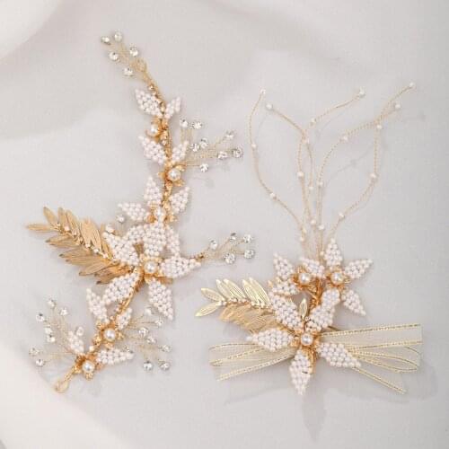1Set Elegant Gold Leaves Flower Rhinestone Pearl Hairpin Bridal Wedding Party Hair Ornaments Suitable Fairy Daily Wear LL@17