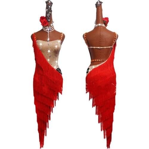 Shiny Rhinestones Latin Dance Dress Women High-end Custom Red Fringed Dance Dress Stage Performing Competition Costumes