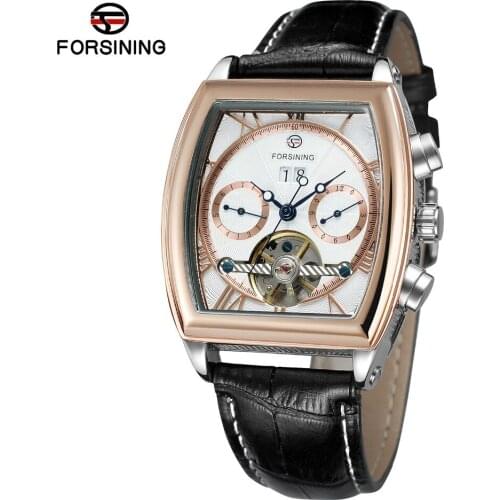 Forsining Brand Mens Automatic Sef-wind Movement Branded Clock With Complete Calendar Tonneau Shape Leather Luxury Wrist Watches