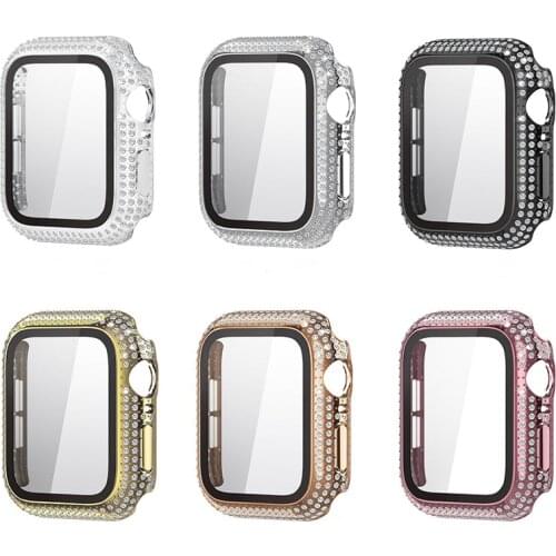 5PCS Full Protective 3D 9H Screen Tempered Glass Rhinestone Diamond Crystal PC Case Cover for Apple Watch SE Series 6 5 4 3 2 1