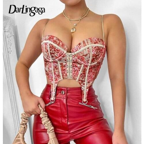 Darlingaga Chic Fashion Floral Print Hook Crop Top Women Strap Bodycon Zipper Corset Top Cami Clubwear Party Bustier Top Cropped