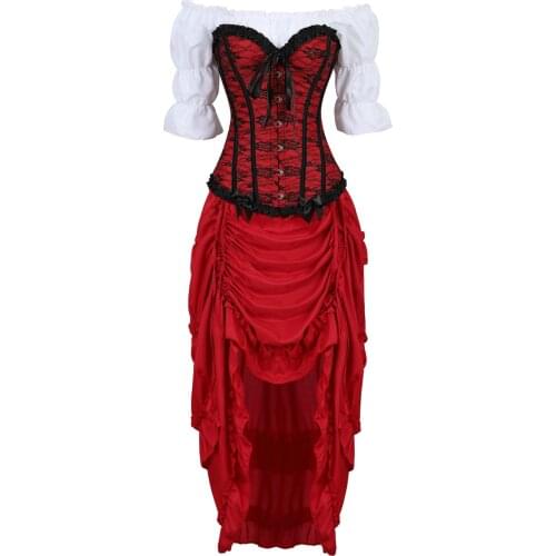 Corset 3 Piece Outfits for Women Steampunk Renaissance Lace Up Boned Bustiers with Pirate Skirt White Blouse Set Carnival Party