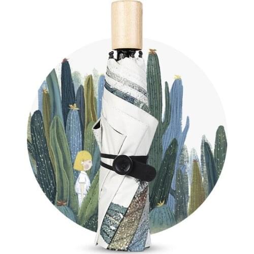 Cute Girl Cartoon Illustration Three Folding Umbrella 8 Rib Wind Resistant Frame For Mom Sun Rain Sunscreen Anti-UV Parasol Umbr