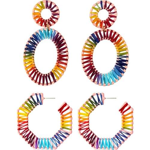 Boniskiss 2020 Fashion Jewelry Bijoux Rainbow Colorful Raffia Earring Big Oval Straw Statement Earrings For Summer Woman Jewelry