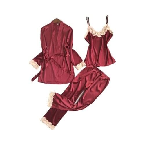 New Women Luxury Pajama Sets Fashion 3 Pcs Pajama Long Pants Set Female Pijamas Silk Home Suit Sexy Robe Set Soft Nightwear Hot
