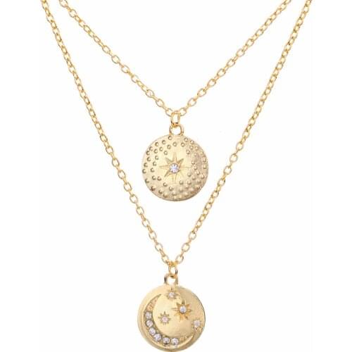 Vintage Crystal Sun Moon Pendant Necklace Punk Round Drops Link Chain Necklace Party Charm Multilayer Necklace Jewelry For Women