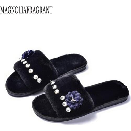 New Lovely Women Flip Flop Pearl flower Shape Home Floor Soft fur Slippers Female Shoes Girls Winter Spring Warm Shoes c146