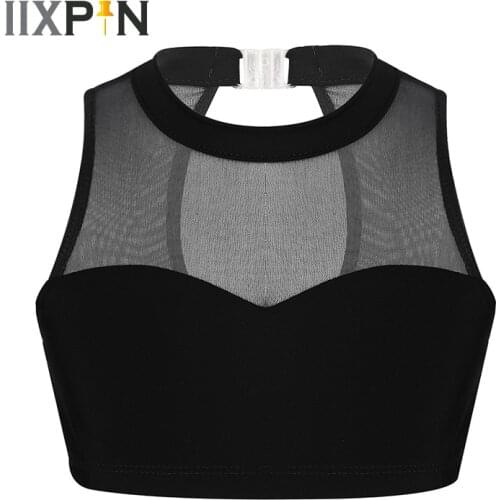 Ballet Girls Crop Top Mock Neck Stretch Mesh Splice Sweetheart Chest Tanks Bra Tops for Ballet Dance Stage Performance Workout