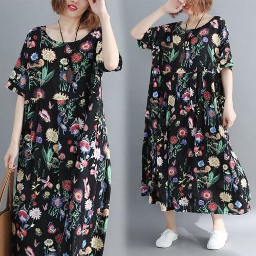 Vintage Short Sleeve Dress 2020 new Spring Autumn slim Loose printed Floral Cotton Linen Dress for Women B252