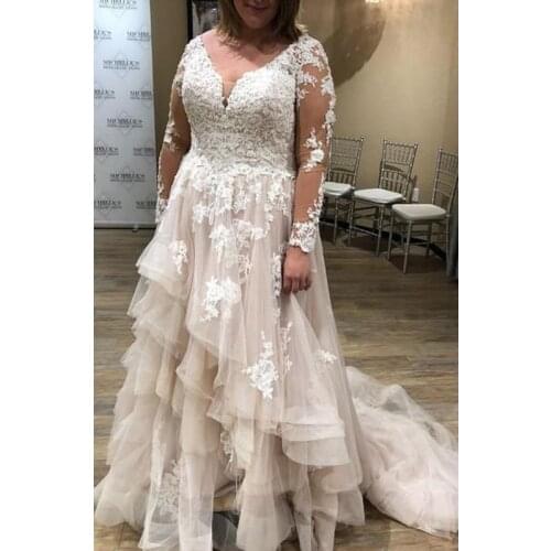 Plus size Vintage Wedding dresses V neck Long Sleeves with Applique Lace Ruffles Beaded Tulle Wedding Dress Bridal Gowns Cheap