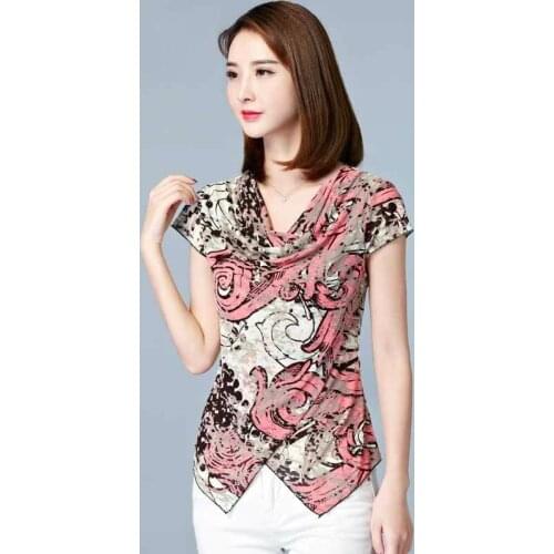 Womens Spring Summer Style Mesh Blouses Shirt Womens Short Sleeve V-neck Printed Korean Tops DD8761