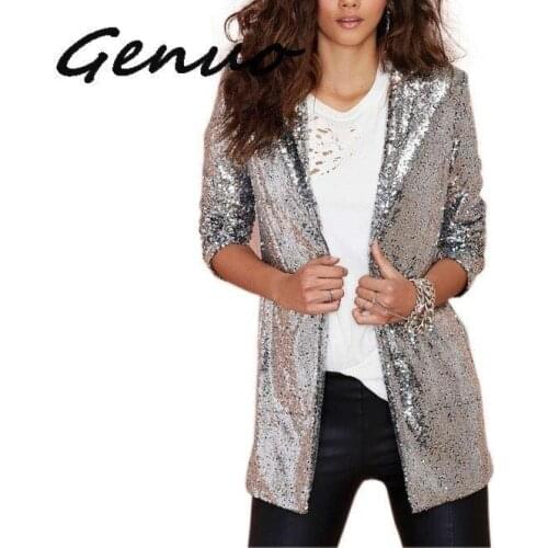 Genuo New Womens Jaket Autumn Fashion Women Silver Sequined Coats Turn-down Collar Long Sleeve Outwears Cardigan Jackets