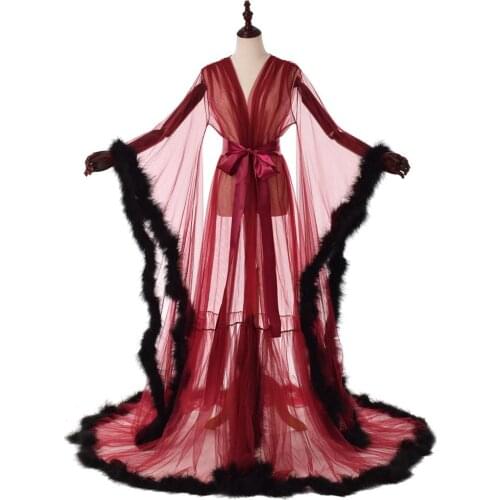 Sexy Illusion Long Lingerie Bridal Feather Nightgown Transparent Robe Tulle Lady Sexy Lingerie Nightgown Long SkirtWedding Scarf