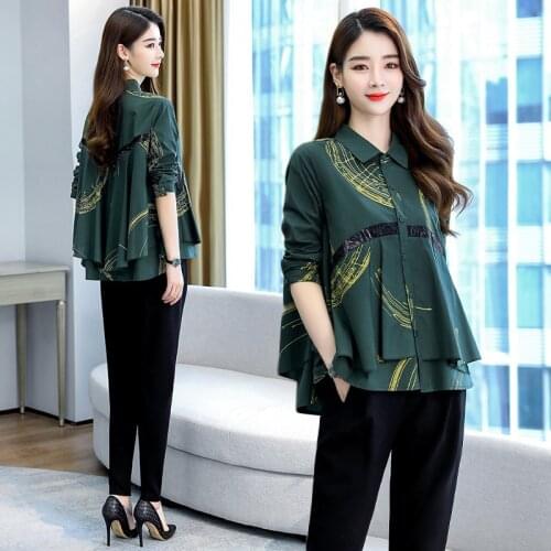 Autumn suit women 2021 new fashion temperament casual single-breasted irregular shirt trousers age reduction two-piece trend 129
