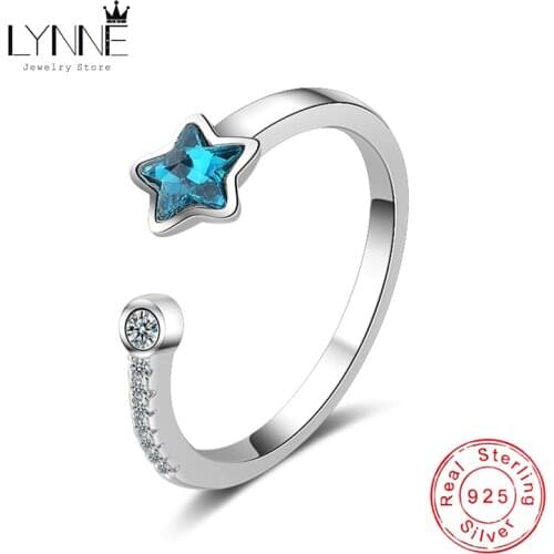 New Fashion 925 Sterling Silver Elegant Sea Blue Star Crystal Resizable Rings Simple Rhinestone Women Jewelry Ring Birthday Gift