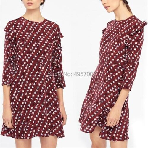 High Quality Silk Star Printed Mini Dress Features Ruffled Detail - 2019ss Ladies Casual Stylish Dress