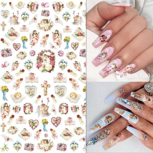 1sheet Angel Nail Art 3D Stickers Vintage Flower 3D Nail Art Stickers Black Nail Stickers Decals Adhesive Sticker Tattoo Slides