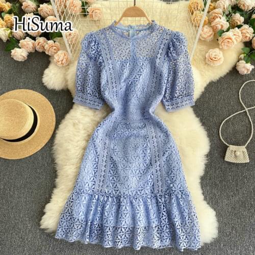 2021 summer new women Retro o-neck puff sleeve ruffles hollow out lace A-line dress female Chic waist party dresses