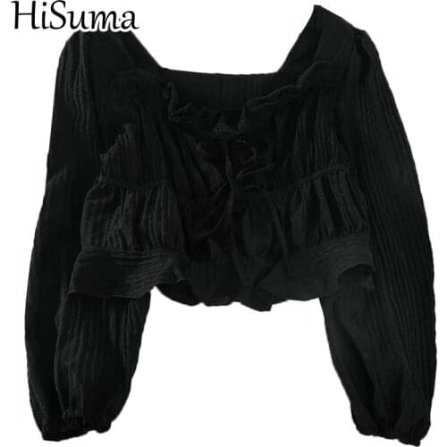 Spring Autumn Women Lantern Sleeve Square Collar Basic Ruffles Shirt Lady Short Elastic Slim Bandage Lace Up Chic Blouse Tops