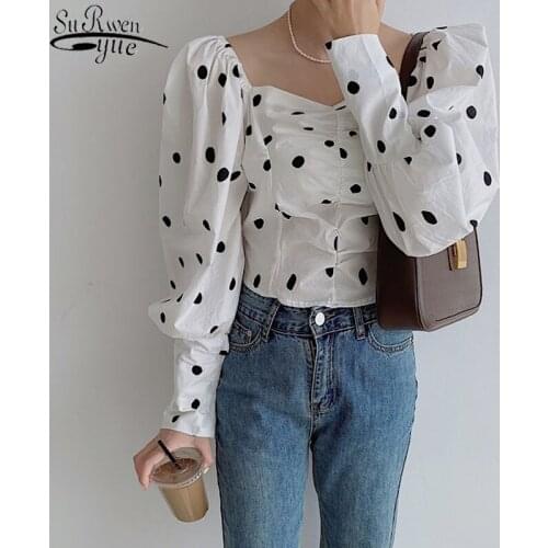 Korean Fashion Polka Dot Long Puff Sleeve Blouses Vintage Blouse Casual Shirt Women Spring Square Collar White Black Tops 14338