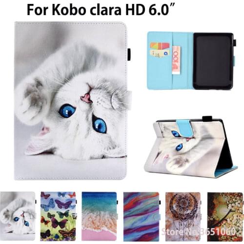 Cartoon Cat Case For kobo clara HD 6.0 inch Ebook Cover Smart Silicone PU Leather Flip Protective Funda Capa Shin Shell